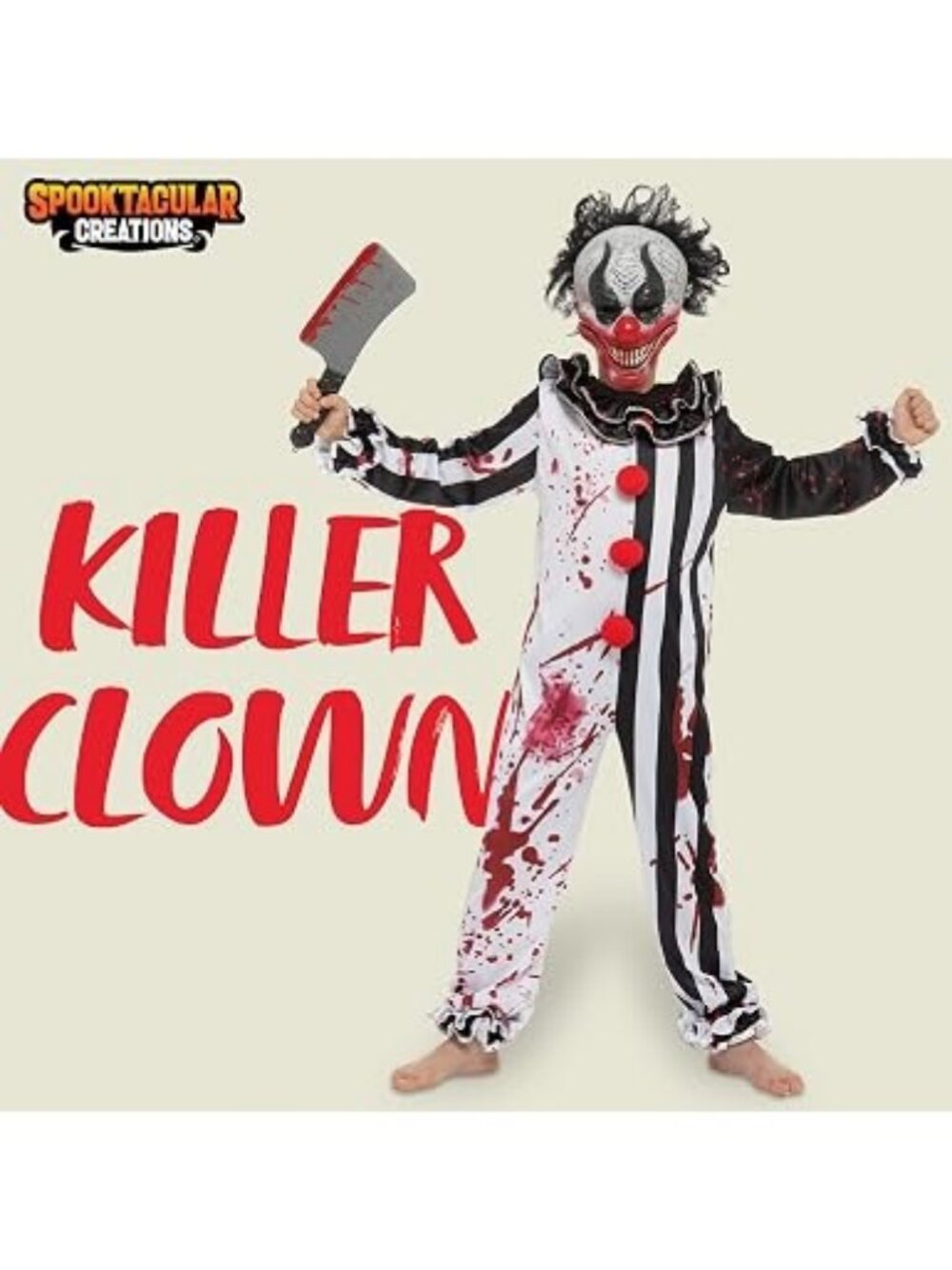 Horror Clown Costume XL 12‑14 Kids Halloween Mask Wig Jumpsuit Set